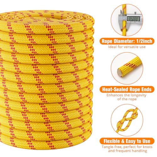 Double Braided Arborist Rigging Rope - 1/2 in X 150 ft 48 Strands Rappelling Outdoor Pulling Heavy Duty Polyester Bull Rope for Swing Tree Work Camping Rescue Hiking - Yellow - color: Yellow, size: 1/2 inch X 150ft