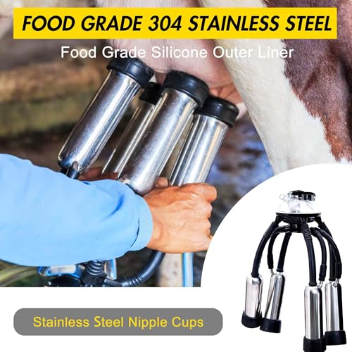Cow Milking Machine Portable, 55KPA 15000 RPM Electric Milker Machine | Milking Equipment with 25 L/6.6 gal Stainless Steel Bucket 5-8 Cows Per Hour with Silicone Cups and Tubes for Cows and Goats