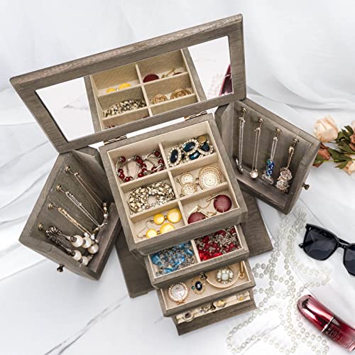 Emfogo Jewelry Box for Women, Rustic Wooden Jewelry Boxes & Organizers with Mirror, 4 Layer Jewelry Organizer Box Display for Rings Earrings Necklaces Bracelets (Weathered Gray) - color: Weathered Gray