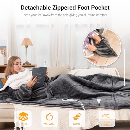 Wearable Heated Blanket for Women with Removable FootPocket,Electric Snuggle Heated Blankets Hoodie with Sleeves Heated Robe Flannel & Sherpa Heating Throw Blanket Shawl with 9 Temp for Winter 50"x80" - color: Dark Gray, size: 50"×80"