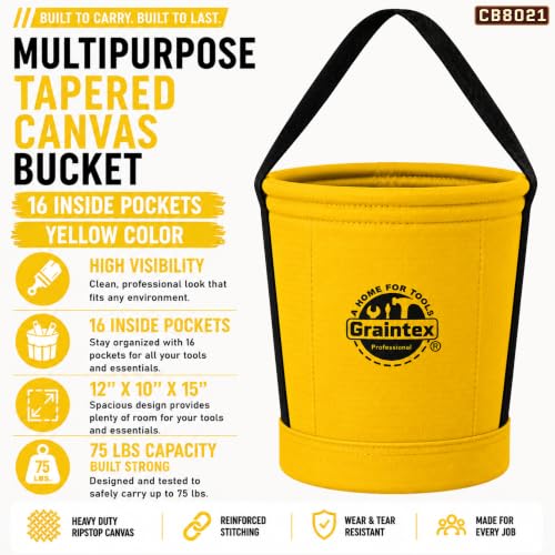 Graintex Tapered Canvas Bucket 12"x10"x15", Utility Tool Bucket 16 Inside Pockets, Reinforced Base & Carry Handle, Ripstop Canvas, Multi-Purpose Bag for Jobsite & Home Use for Tool Storage Solutions - color: Yellow