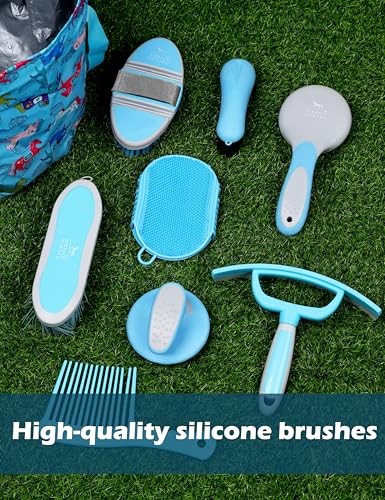 Harrison Howard Complete Horse Grooming Set, 11-Piece Advanced Daily Grooming Tools with Extra Brushes for Full Horse Care Blue Brushstroke Ponies - color: Blue