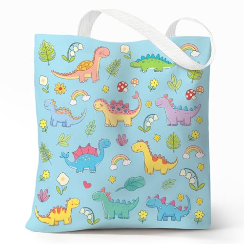 Cute Canvas Tote Bag for Women, Book Totebag with Zipper Pocket - color: Dinosaurs
