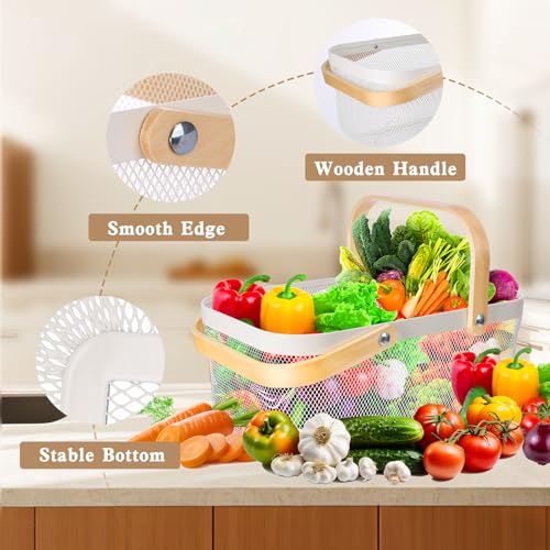 2 Pack Garden Harvest Basket, Metal Mesh Wire Picnic Basket with Handle | for Picnic, Vegetable Gathering, Fruit Picking, Kitchen Storage, White, Sturdy, Lightweight, Home Closet, Office, Gift. - color: White