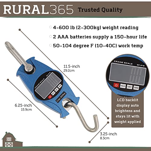 Rural365 Crane Scale Digital Industrial Heavy Duty Hanging Scale, Blue Case Weight Scale Hook Lift Farms, Fish, Deer