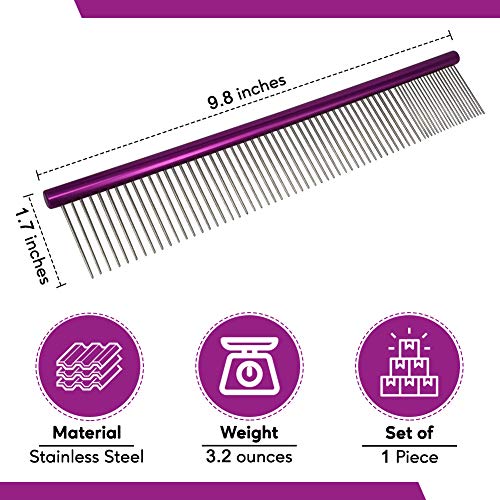 10-Inch Dog Combs for Grooming Matting, Metal Comb for Dogs and Cats | Greyhound Grooming Comb with Fine and Wide Rounded Stainless Steel Teeth for Detangling Medium to Coarse Fur - size: 10"