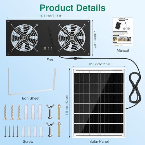 40W Solar Fan with Battery & Timer for Chicken Coop, Greenhouse & Shed | 3500RPM High-Speed Solar Powered Fan, Low Noise IP65 Waterproof Exhaust Fan for Outdoor, Pet House & Window - size: 16 inches