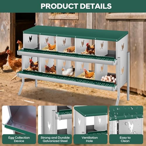 10 Compartment Chicken Nesting Box, Heavy Duty Metal Laying Box with Perch, Easy Assembly & Easy Clean for Outdoor Chicken Coop, Green - color: Green, size: 10 Compartment with legs
