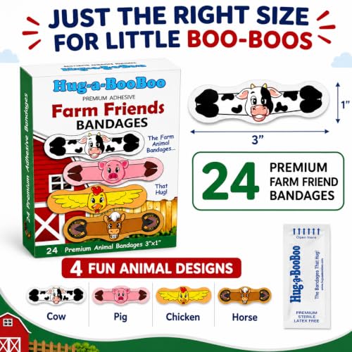 Farm Friends Hugging Farm Animal Adhesive Bandages from Hug-a-BooBoo, The Amazing Bandages that Hug! Super Fun Hugging Cow, Horse, Pig and Chicken! 24 Ct Box - size: 24ct, style: Farm Friends