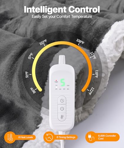 SIHOHAN Portable Heated Blanket with Foot Pockets for Wearable | Heated Throw Blanket, Flannel & Sherpa, 8 Heat Levels & Timer, 50x70 Inch Grey Home Office Travel, Machine Washable - size: 50*60 Grayish White