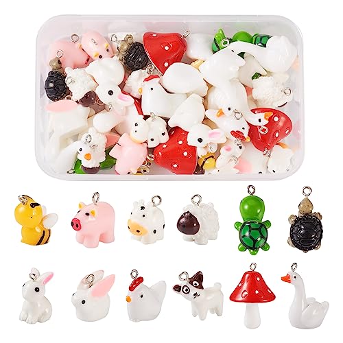 Beadthoven 48pcs 12 style Animals Resin Charm Pendants 3D Mini Mushroom Pig Bee Turtle Cow Sheep Chicken Goose Dog Rabbit Farm Dangle Charm Beads for DIY Earring Necklace Keychain Jewelry Making - color: 0Mixed-12 Shape