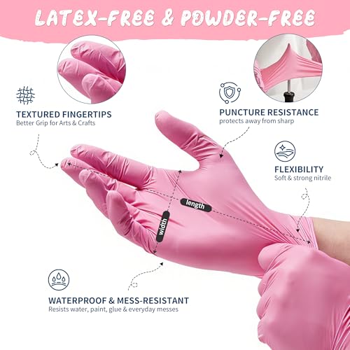 XXS Kids Nitrile Gloves, Latex & Powder Free, 4 Mil, 50 Pairs | XXS Fits Ages 3-8, Food-Grade Material, Waterproof, Textured Grip, Crafts, Painting, Cooking, Science, Messy Play - color: Pink