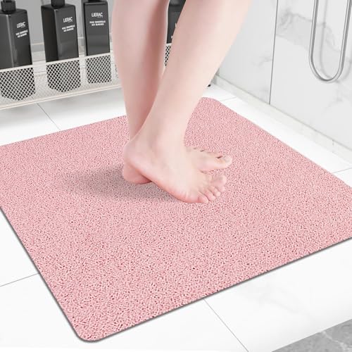 Square Non-Slip Shower Mat 24x24 Inches, Quick-Draining Bath Mat for Shower Floor, PVC Loofah Textured Shower Stall Mat, Secure Anti-Slip Bathroom Mat, Boho Style Bath Mat (Pink) - color: Pink