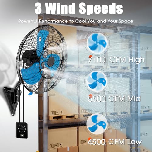 20 Inch Wall Mount Fan with Mist, Powerful Airflow Oscillating Fans | Max 7100CFM Heavy Duty Industrial Wall Mounted Fan with 17.5FT Misting Hose for Garage, Factory, Patio, Greenhouse, Porch