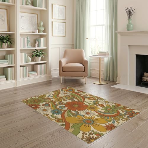 4'x6' Washable Groovy Daisy Accent Rug, Cream Non-Shedding Small Carpet Pet Friendly & Non-Slip for Playroom, Bedroom, Reading Nook | Ref:1969519 - color: Beige/Pattern 27, size: 4' x 6' (Rectangular)