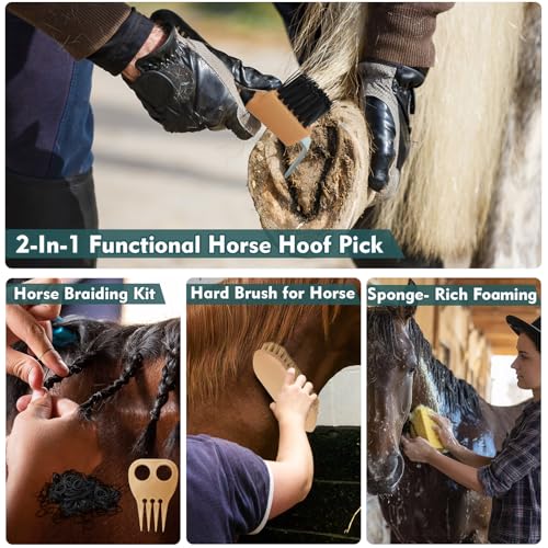 Horse Grooming Kit for Bathing, 13Pcs Horse-Brush Set with Mesh Bag, Shower Brushes, Braiding and Curry Comb, Sweat Scraper, Hoof Pick, Shedding Massaging Tool Supplies for Riders Beginners - size: 13 Count (Pack of 1)