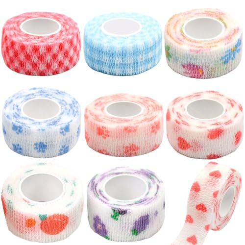 8 Rolls Non-Woven Self Adhesive Bandage Wrap Sweatproof Waterproof Cute Vet Wrap Elastic Cohesive Bandage Wrap for Fingers Ankle Grip Nail Protector Tape Sports Fixing Band Stretch Wrap (Multicolor)