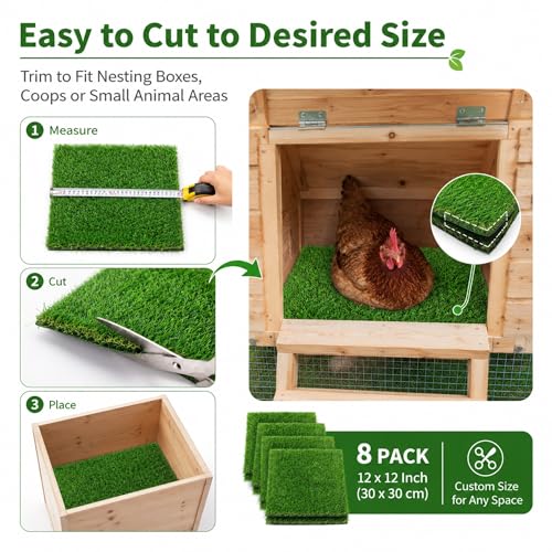Chicken Nesting Pads 8 Pack, 12 x 12 Inch Washable Reusable Nesting Box Pads for Chicken Coop, Artificial Grass Nesting Box Liners with Black Backing and Drainage Holes, Green