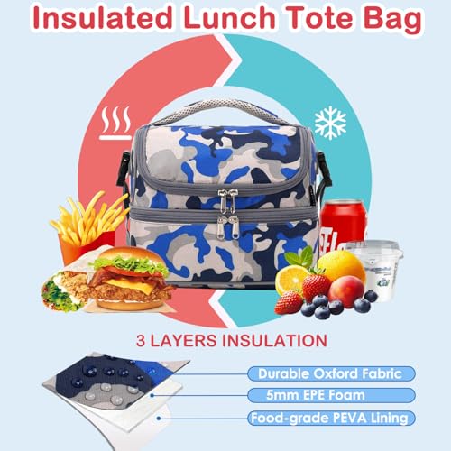 FlowFly Kids Double Decker Cooler Insulated Lunch Bag Large Tote for Boys, Girls, Men, Women, With Adjustable Strap, Blue Camo - color: Blue Camo