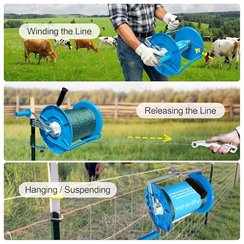 Prewound Polywire 3000ft onto 3:1 Geared Electric Fencing Reel, Integrated Wire Guide for Constant Tension & Auxiliary Unwinding Handle - Heavy Duty Farm Garden Livestock Fencing - size: 3000ft Polywire x 1 Large Reel