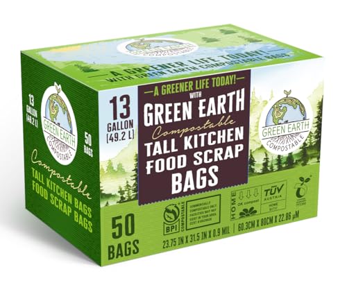 Green Earth Compostable Tall Kitchen Food Scrap Trash Bags, Compost Bin Compatible, 13 Gallon, 49 Liter, 100-Count, Superior Strength 0.9 Mil, ASTM D6400, BPI (US) & OK Compost Home (EU) Certified - size: 100 Count (Pack of 1), style: 13 Gallon