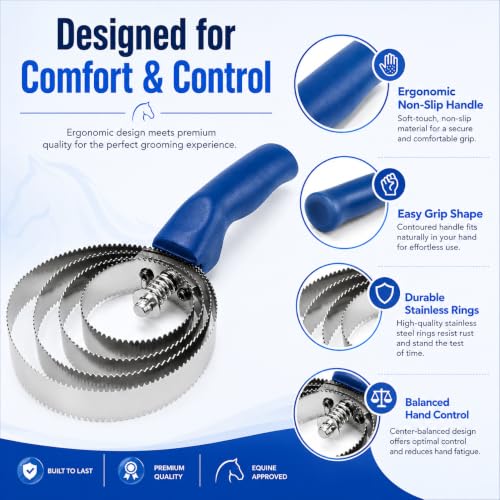 2-Pack Reversible Curry Combs for Horses and Pets, Stainless Steel | Four-ring stainless steel and rubber grooming combs feature reversible edges and soft-grip handles for farm animals and pets.