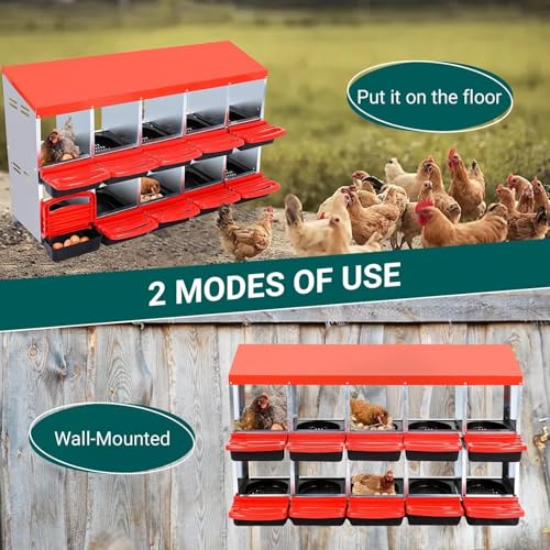 10-Compartment Chicken Nesting Box, Heavy Duty Galvanized Steel Poultry Nest Box, Wall Mount/Freestanding Design for Hens, Ducks, Backyard Homesteads & Farm Use, Red, No Stand - color: Red, size: 10 Room