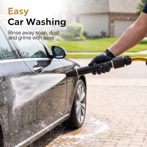 High Pressure Garden Hose Nozzle, No-Leak Metal Water Hose Sprayer Set | with 3 Connectors & Tape, 3/4" GHT Adjustable Gun for Car Wash, Lawns, Pet Shower, Heavy Duty Watering Tool, Black