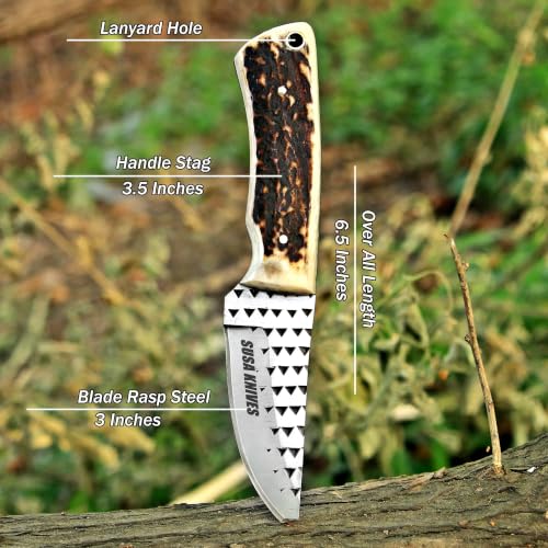 Custom Handmade 7'' fixed blade hoof rasp knife/Cow boy knife/Damascus steel Bull cutter knife, cowboy knives with pancake leather sheath (SUSA 122) - color: SUSA 122