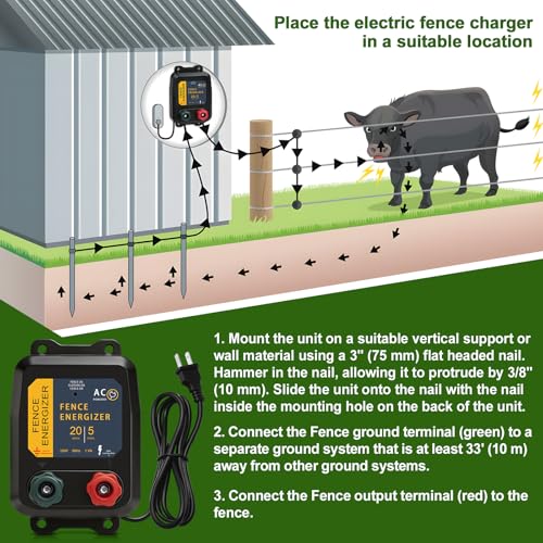 PE5 Electric Fence Charger for Livestock Containing Pets and Animal Control-5 Miles/ 20 Acres AC Powered 120 Volt (with Aluminum Wire) 0.20 Joule - size: PE5 with wire