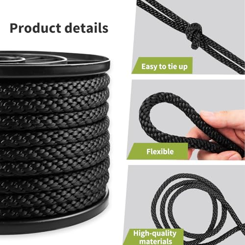 1/2 Inch × 100 FT Black Polyester Solid Braid Rope – UV & Abrasion Resistant, Low Stretch, Multipurpose for Flagpole Halyard, Clothesline, Camping, and Utility Tasks - size: 1/2 In×100 FT