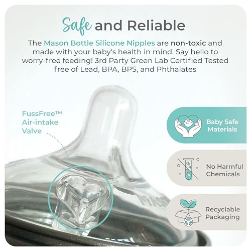 Mason Bottle Slow Flow Nipples (0–3 Months) – Silicone Baby Bottle Nipples, Fits Any Regular-Mouth Mason Jars – Wide Natural Shape, BPA-Free, Non-Toxic, Made in USA (2-Pack) | 0–3 Months Baby Bottle Anti-colic Silicone Nipples, Fits Any Regular Mouth Maso