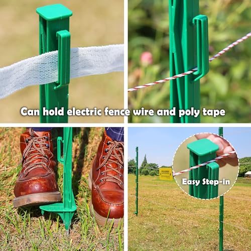 50PCS 48" Plastic Step-in Electric Fence Posts with Clips, Green | Temporary Electric Fence Stakes · 8 Integrated Clips · Reinforced Steel Spike · For Garden and Farm & Livestock - color: Green-50PCS