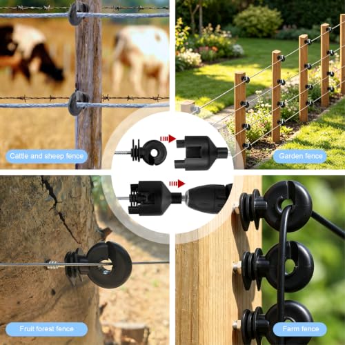 100Pack Black Electric Fence Ring-Head Insulators Self-Tapping Screws | Premium PP+PE anti-deform material, rustproof galvanized screws, easy drill install,universal for farm livestock fence