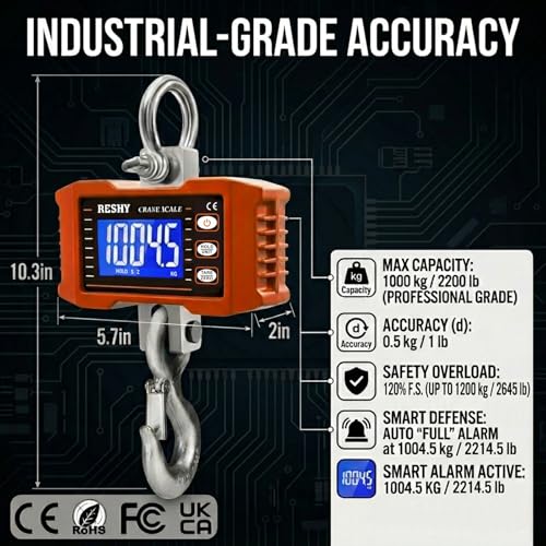 RESHY Digital Crane Scale 2200lb/1000Kg Digital Hanging Scale Industrial Heavy Duty Crane Scale for Farm,Deer,Livestock,Factory,Construction,Hunting CE Certified