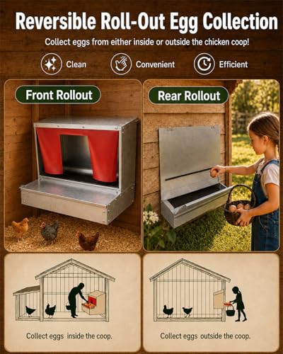 Roll Away Nesting Box with Reversible Roll Out Egg Collection for 20+ Hens | With nesting pads, Galvanized metal, Easy collection, Rustproof, Easy to install & clean, with gloves & protective strips