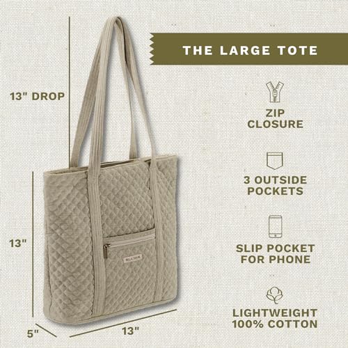 Bella Taylor Large Tote, Quilted Shoulder Bag for Women | Lightweight, 6-pocket large quilted purse, machine washable, zippered top, ultimate organization, durable construction - color: Khaki Chambray