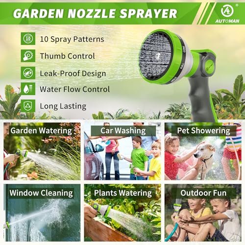 AUTOMAN Garden Hose Nozzle Sprayer - 10 Spray Patterns, 2 Pack Thumb Control Water Hose Nozzle Outdoor, Heavy Duty Spray Nozzles for Watering Garden, Cleaning Window, Washing Car, Showering Pets - color: Lawngreen