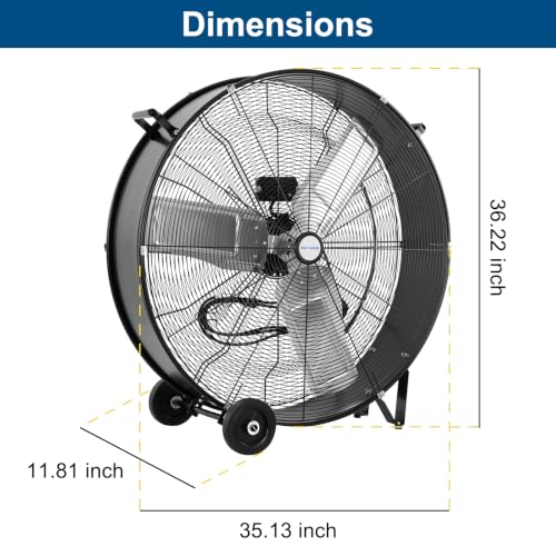 BILT HARD 36" 18000 CFM High Velocity Drum Fan, 2-Speed Heavy Duty Industrial Shop Fan with Casters & Handles for Warehouse, Factory Workshop and Garage Use - color: Black, size: 34 inch
