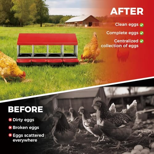 Galvanized Steel Chicken Nesting Box 4 Compartment with Pull Out Tray, Roll Away Nest Boxes for Laying Hens Egg Collection, Wall Mount Poultry Nest Box for Coop with Handle, Red - color: Red, size: 4 Compartments