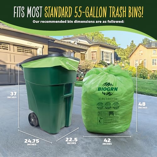 50-55 Gallon Compostable Trash Bags, 12 Count, 1.57 Mil Heavy Duty Flat Top Large Trash Bags for Lawn, Leaf, Yard Waste & Outdoor Garden Cleanup, ASTM D6400 BPI & OK Compost HOME Certified - color: 55 Gallon Flat Top, 12 Count