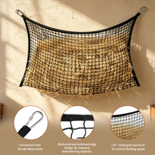 4Pcs Slow Feed Hay Net for Horses, Durable Hanging Hay Bag with Clips for Horses Goats Donkeys Sheep, Easy Loading, Large Capacity, Fits Stall & Trailer, 35" x 31", Black
