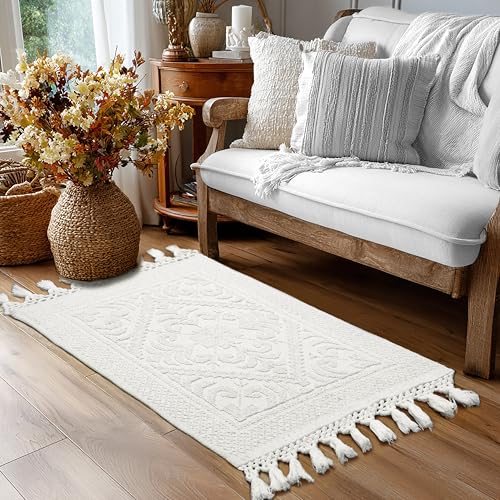 COTTON CRAFT Woven Area Rug - 2 Pack White Jacquard Dhurrie with Fringe | Boho Farmhouse Rustic Textured Cotton Throw Rug - Washable Accent Mat for Bedroom Living Room Entryway Nursery - 20x32 - color: White - 2 Pack, size: 1'8" x 2'8" (Rectangular)