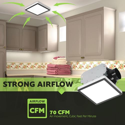 Homewerks 70 CFM Bathroom Exhaust Fan with LED, Matte Black Trim | 1.0 Sones, for Rooms Up to 70 sq ft, Magnetic Trim, Galvanized Steel, EasyAnchor Install, Bathroom Vent Fan with Light - color: 70 CFM Matte Black