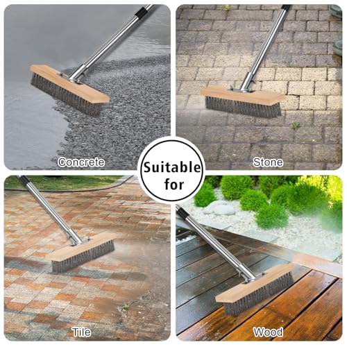 Wire Scrub Brushes with 65in Handle for Concrete Pavers Moss Remover | Heavy Duty Wire Broom, Crack Weeder Puller for Outdoor Deck Patios Walkways Floor Cleaning, Detachable Long Handle