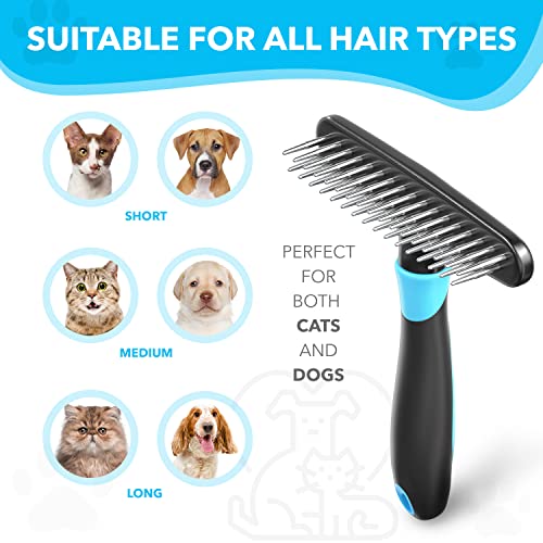 DOGI Deshedding Brush - Undercoat Rake for Dogs, Cats, Matted, Short, Long Hair Coats - Double Row Stainless Steel Pins - Reduce Shedding by 90% (Blue) - color: Blue