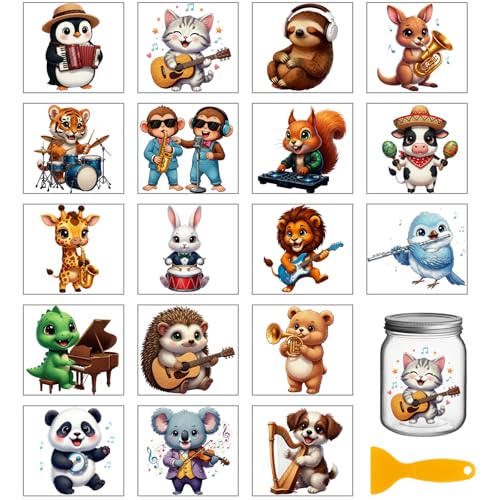 GLOBLELAND 18 Sheets Animals Musician Transfer Sticker for Cup Crafts 3.9x3.6 inch Musical Cat Dog Decal Stickers Monkey Hedgehog Rub on Transfer for Music Festival Bottle Vase Glass Furniture Decor - style: Musical Animals