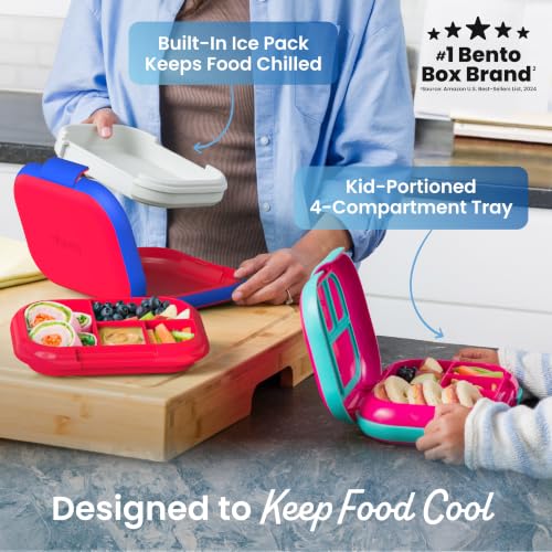 Bentgo Chill Kids 4-Compartment Bento Box Leakproof Lunch Box | Built-In Ice Pack, 3.3 Cup Capacity, BPA-Free, Microwave & Dishwasher Safe Tray, Ideal for Ages 3–7 (Red/Royal) - color: Red/Royal