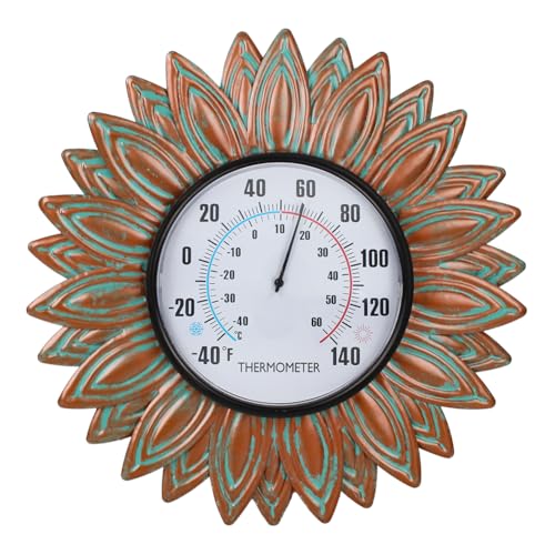 Sunflower Outdoor Thermometers, No Need Battery | 12" Metal Indoor Themometer, Wall Thermometer with Large Number Easy to Read for Patio Room Decor - color: Bronze Flower