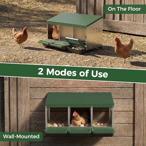 3-Compartment Chicken Nesting Box, Heavy Duty Galvanized Steel Poultry Nest Box, Wall Mount/Freestanding Design for Hens, Ducks, Backyard Homesteads & Farm Use, Green, with Soft Mats, No Stand - color: Green, size: 3 Room&Mat Board